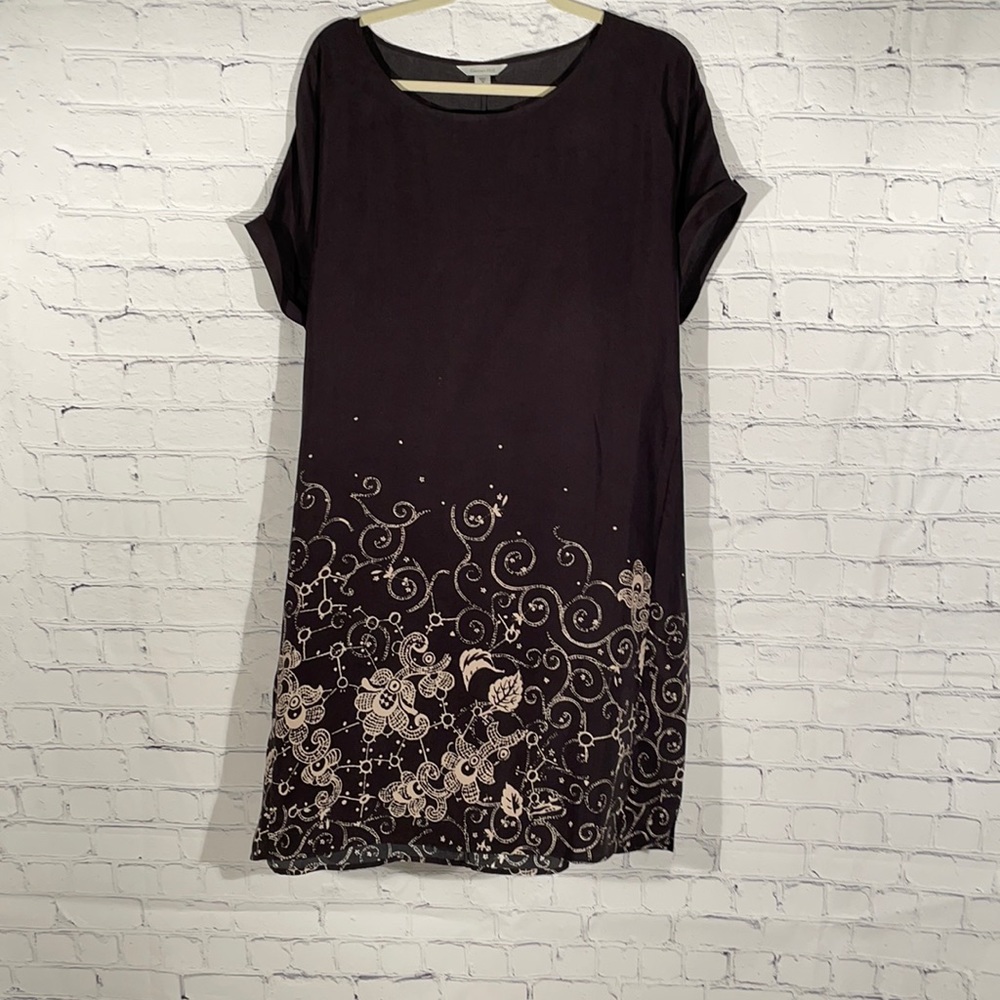 Garnet Hill Silk  Black Floral Dress